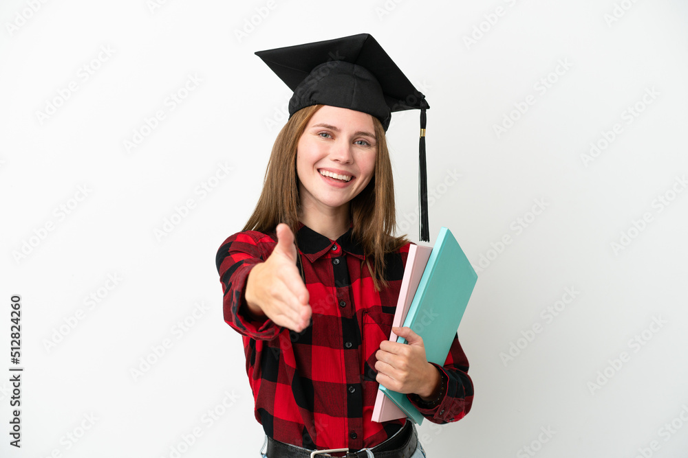 Young English student woman isolated on white background shaking hands for closing a good deal Young English student woman isolated on white background shaking hands for closing a good deal