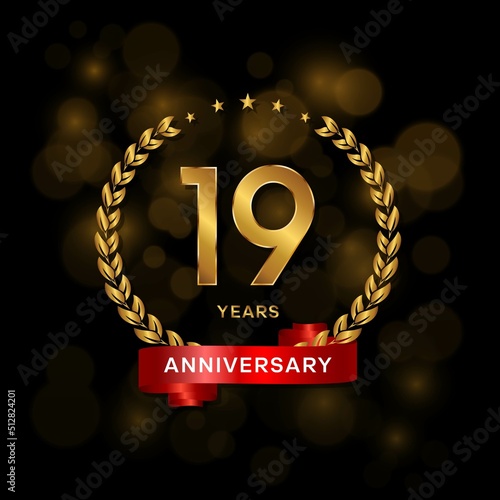 19 years anniversary logo with golden laurel and red ribbon for booklet, leaflet, magazine, brochure poster, banner, web, invitation or greeting card. Vector illustrations.