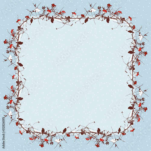 Decorative card with frame of silhouettes birds on rowan branches in snowy winter