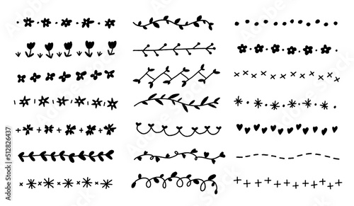 Set of Hand Drawing Drawn Flower Botanic Abstract Doodle Line Laurel Borders Frames Dividers Wreath Collection Flat Style Rainbow Bright Black White Background Vector Illustration Pack Element