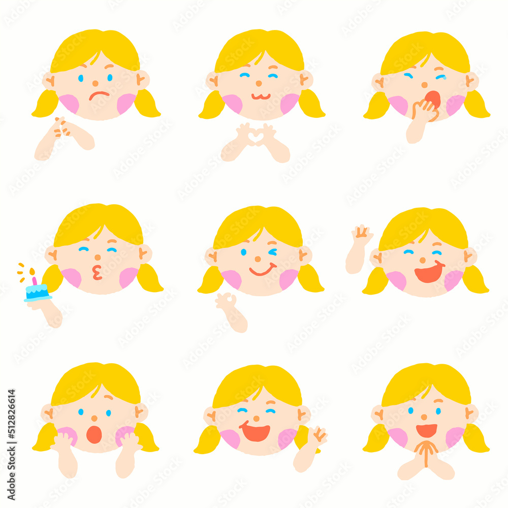 Cute Blond Hair Blue Eye Girl Kids Children Different Expression Emotions Emotional Emoticon Hand Doodle Character Feelings Faces Collection Set Icon Vector illustration Cute Blond Hair Blue Eye Girl Kids Children Different Expression Emotions Emotional Emoticon Hand Doodle Character Feelings Faces Collection Set Icon Vector illustration