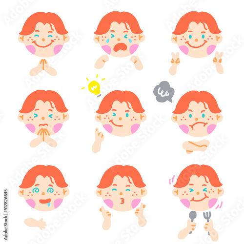 Cute Scottish Irish Boy Red Hair Blue Green Eye Kids Child Children Shcool Different Expression Emotion Emotional Emoticon Hand Doodle Character Feelings Faces Collection Set Icon Vector Illustration