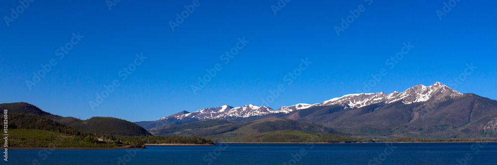 Ultrawide panoramic view of Dillon Reservoir in the Colorado Rockies