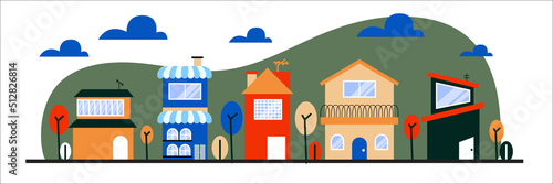 Urban or suburban neighborhood at night, houses with lights, late evening or midnight. Vector homes with garages,trees and driveway. Suburb village landscape with cottage buildings, street lamps