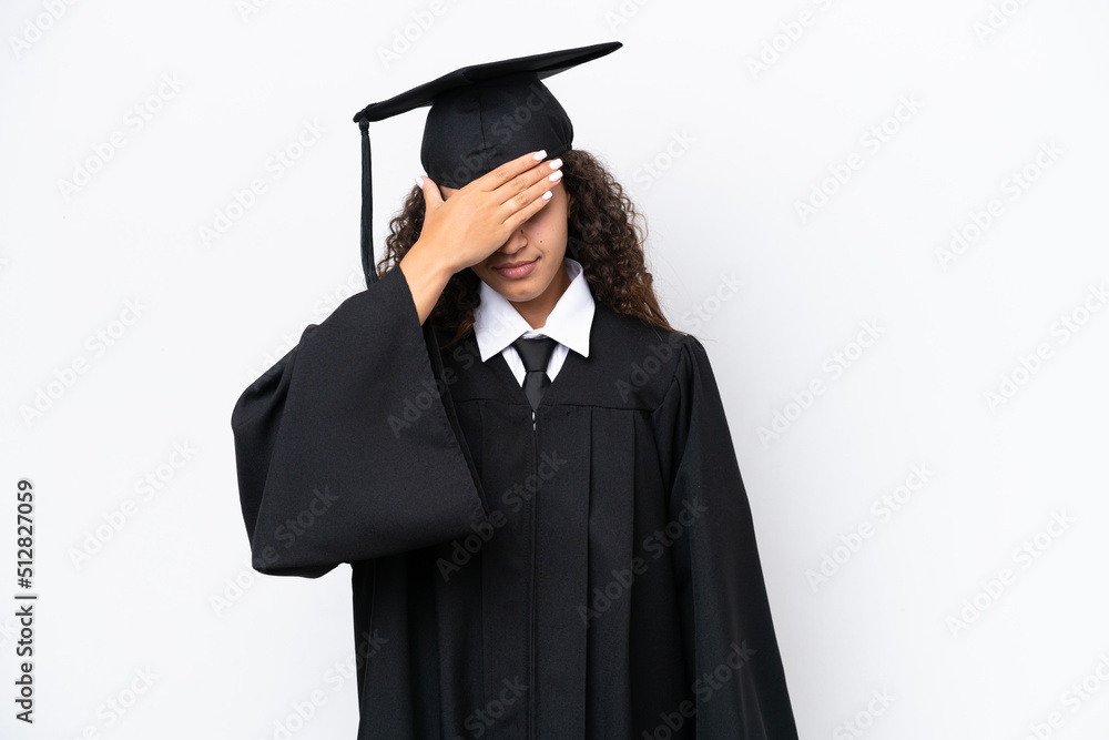 Young university graduate Arab woman isolated on white background covering eyes by hands. Do not want to see something Young university graduate Arab woman isolated on white background covering eyes by hands. Do not want to see something