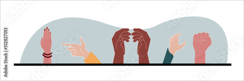 Diverse young people hands on isolated background. Teenager hand group with raised arm for celebration or friend community concept. Flat cartoon illustration of men and women arms.