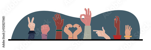 Diverse young people hands on isolated background. Teenager hand group with raised arm for celebration or friend community concept. Flat cartoon illustration of men and women arms.