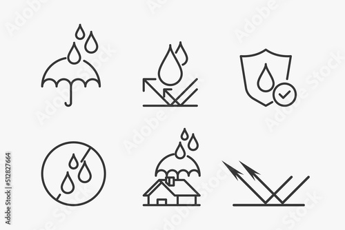 Water resistant proof icon set. Outline thin line isolated icons. 