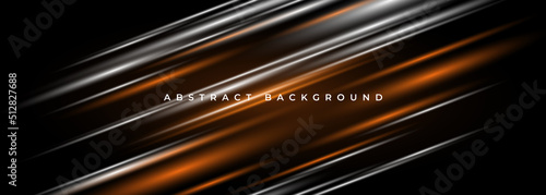 Black abstract background with orange and white stripes. Modern dark wide abstract banner design. Vector illustration
