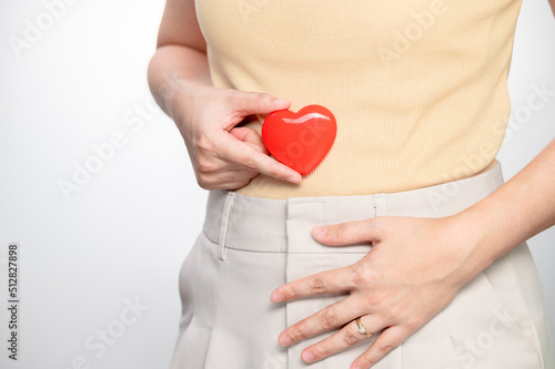 women holding heart shaped souvenir on the belly. Pregnancy about 1-2 months. Concept successful treatment IUI Intra – Uterine Insemination and ICSI. infertility Concept.. photo