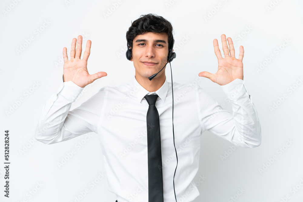 Telemarketer man working with a headset isolated on white background counting ten with fingers Telemarketer man working with a headset isolated on white background counting ten with fingers
