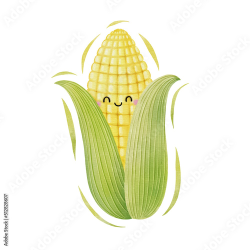 Watercolor cute corn cartoon character. Vector illustration.