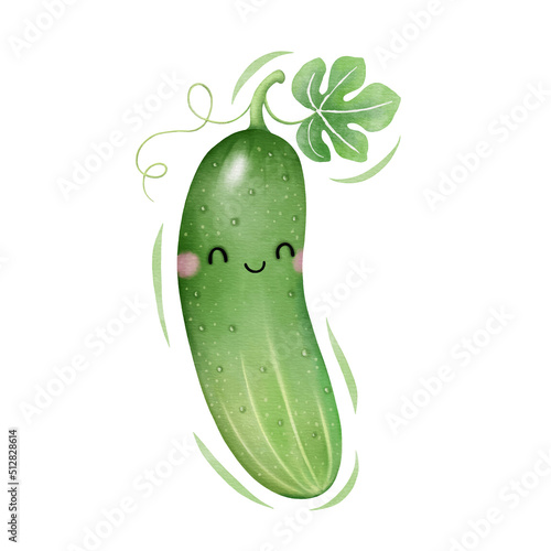 Watercolor cute cucumber cartoon character. Vector illustration