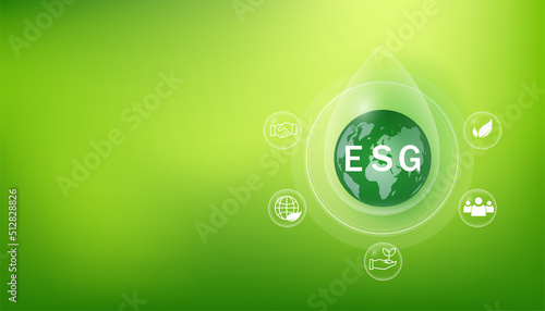 ESG icon. concept of business trend. environmental, social, and governance in sustainable and ethical business on the Network connection. with globe
on a green background.