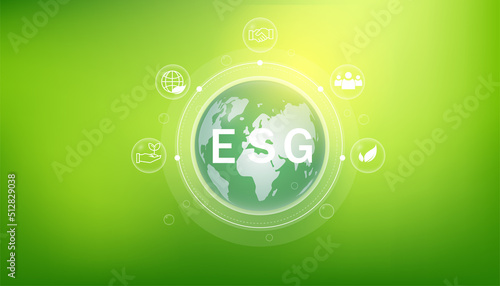 ESG icon. concept of business trend. environmental, social, and governance in sustainable and ethical business on the Network connection. with globe
on a green background.