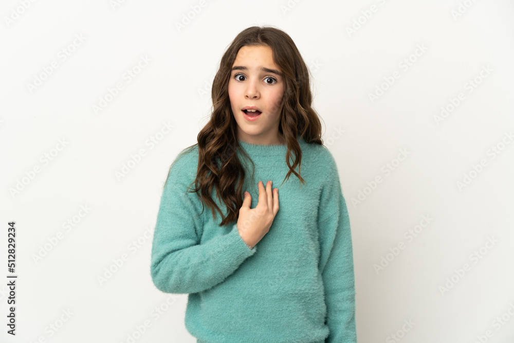Little caucasian girl isolated on white background pointing to oneself Little caucasian girl isolated on white background pointing to oneself