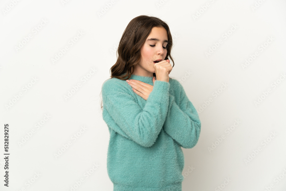 Little caucasian girl isolated on white background coughing a lot Little caucasian girl isolated on white background coughing a lot