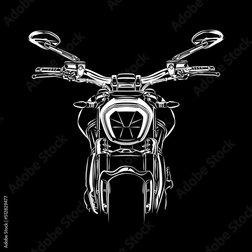 Cruiser Motorcycle Touring Silhouette Front View on Black Background. Can be used for printed on Motorcycle Club t-shirt, background, banner, posters, web, etc.