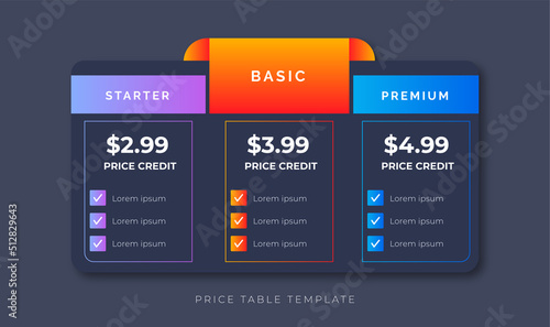 price table modern design price list subscription plans of Ui web element design. Price chat product plan or infographic design template Comparison plan chart colorful design presentation