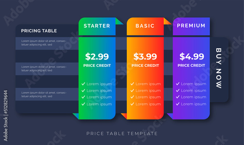 price table modern design price list subscription plans of Ui web element design. Price chat product plan or infographic design template Comparison plan chart colorful design presentation