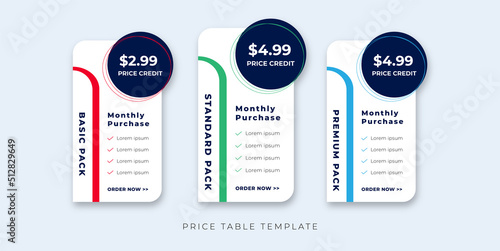 price table modern design price list subscription plans of Ui web element design. Price chat product plan or infographic design template Comparison plan chart colorful design presentation