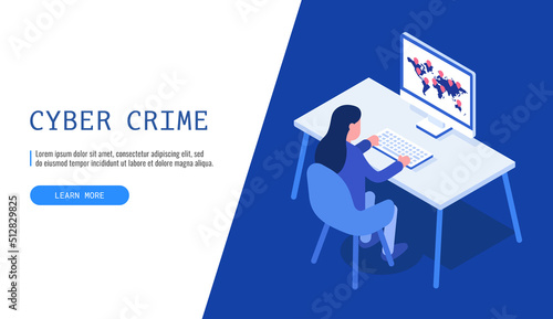 Computer hacker woman trying hack the system. Web banner, hacker attack concept. Vector illustration. .