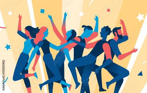 Gruppo di persone felici di diversa età sta insieme per celebrare un evento speciale. La famiglia, amici si stanno godendo concerto, festival musicale, festa, spettacolo - Illustrazione vettoriale