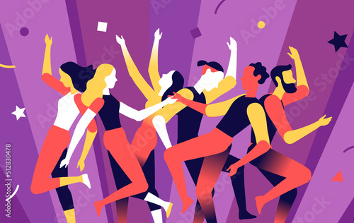 Gruppo di persone felici di diversa età sta insieme per celebrare un evento speciale. La famiglia, amici si stanno godendo concerto, festival musicale, festa, spettacolo - Illustrazione vettoriale