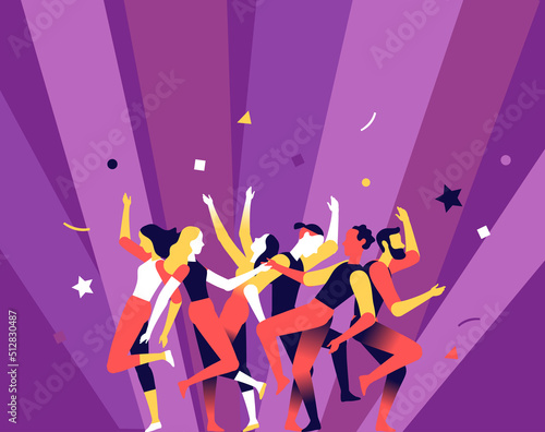 Gruppo di persone felici di diversa età sta insieme per celebrare un evento speciale. La famiglia, amici si stanno godendo concerto, festival musicale, festa, spettacolo - Illustrazione vettoriale