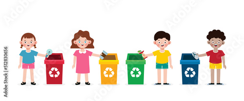 set of kid collect rubbish for recycling, Child Segregating Trash, recycling trash, Save the World, recycling isolated on white backgrounds vector Illustration