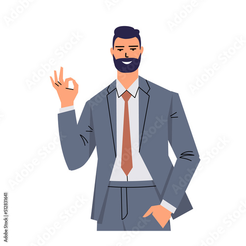 A young man in a gray suit and tie shows approx. Businessman, leader, office worker isolated on white background. The character with the beard smiles and gestures. Vector.