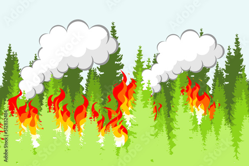 Natural disasters. Forest on fire. Illustration of air pollution due to forest fires