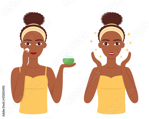 Young dark skinned woman care her skin face. Facial treatment procedure. Vector illustration