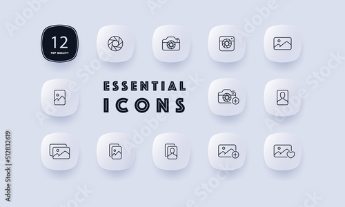 Photography set icon. Camera, Photo, Photographer, objectiv, Gallery, Image, Lens, document, Effects, Favorites, Likes. Media concept. Neomorphism style. Vector line icon for Business and Advertising