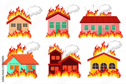 Set burning house. The fire burned the house. house fire disaster