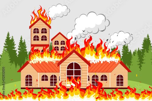 Burning house. The fire burned the house. house fire disaster