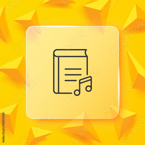 Listen book line icon. Tick, audio, note, bookmark, reading list, listen, music, online library, song, author, literature, Writer. Author concept. Glassmorphism style. Vector line icon for Business