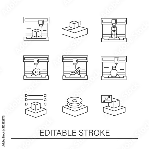 3d printing line icons set. Prototyping process.Additive manufacturing Modern technology concepts. Isolated vector illustrations. Editable stroke