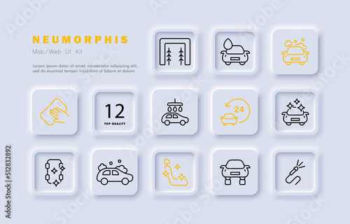 Car wash set icon. 24 to 7, rag, sponge, detergent, garage, karcher, cleanliness, salon, vacuum cleaner. Service station concept. Neomorphism style. Vector line icon for Business and Advertising