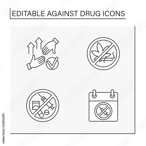  Against drug line icons set. Injections, smoking weed and cigarettes. Unhealthy addictions. Bad habits concepts. Isolated vector illustrations. Editable stroke