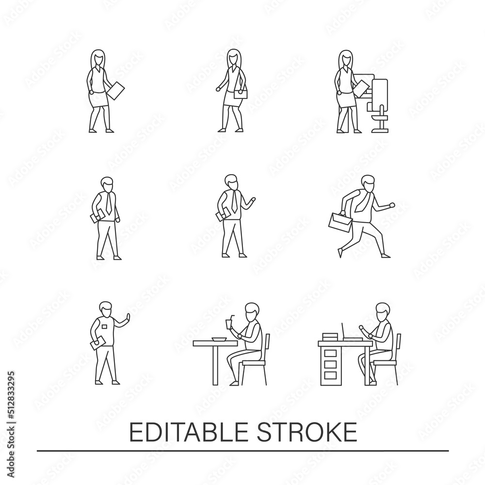 Back to work line icons set. Comfortable workplace for employees. Modern professions. Business concepts. Isolated vector illustrations. Editable stroke Back to work line icons set. Comfortable workplace for employees. Modern professions. Business concepts. Isolated vector illustrations. Editable stroke
