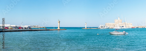 Large panorama in Mandraki port in the place where the Colossus of Rhodes stood in Rhodes, Greece