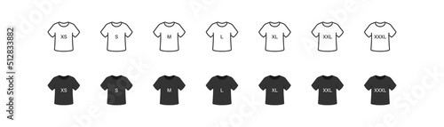 Blank T-shirt size icon set. Black line and flat style label or tag sign simbol. Isolated vector illustration