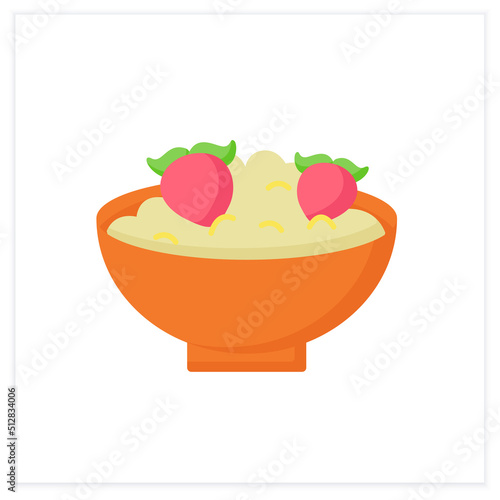 Fototapeta Naklejka Na Ścianę i Meble -  Children nutrition flat icon. Organic porridge for kids with strawberries. Healthy menu. Baby food concept. Color vector illustration