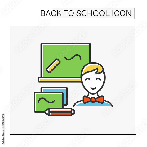 Schoolboy color icon. Back to school. Happy student learning school subjects. Writing on blackboard. Education concept. Isolated vector illustration © Antstudio