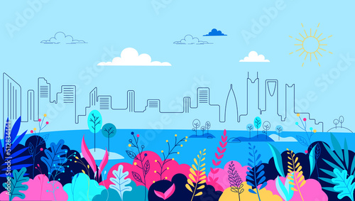 vector illustration of a fabulous city against the backdrop of the sea sky and fabulous plants, blue pink, lines, sunny day
