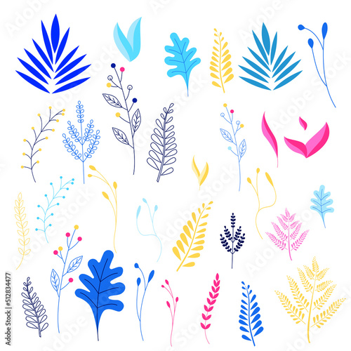 vector illustration of fabulous colorful plants, drawn with lines, blue, pink, yellow