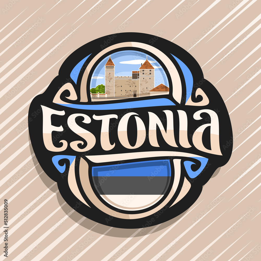 Vector logo for Estonia country, fridge magnet with estonian state flag, original brush typeface for word estonia, national estonian symbol - Kuressaare episcopal castle on cloudy sky background Vector logo for Estonia country, fridge magnet with estonian state flag, original brush typeface for word estonia, national estonian symbol - Kuressaare episcopal castle on cloudy sky background