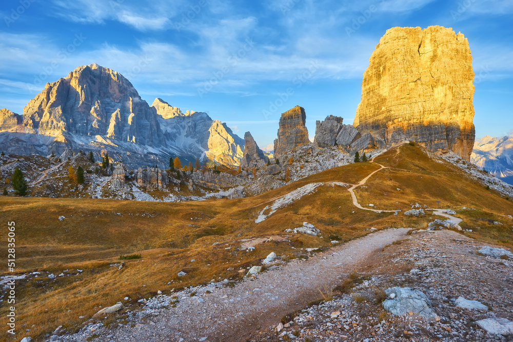 Cinque Torri mountain, beautiful autumn colors in Dolomites mountain in valley Cortina D'Ampezzo city at Italy, Europe