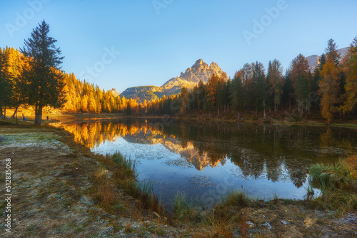 Majestic landscape of Antorno lake with famous Dolomites mountain peak of Tre Cime di Lavaredo, Italy Europe. photo
